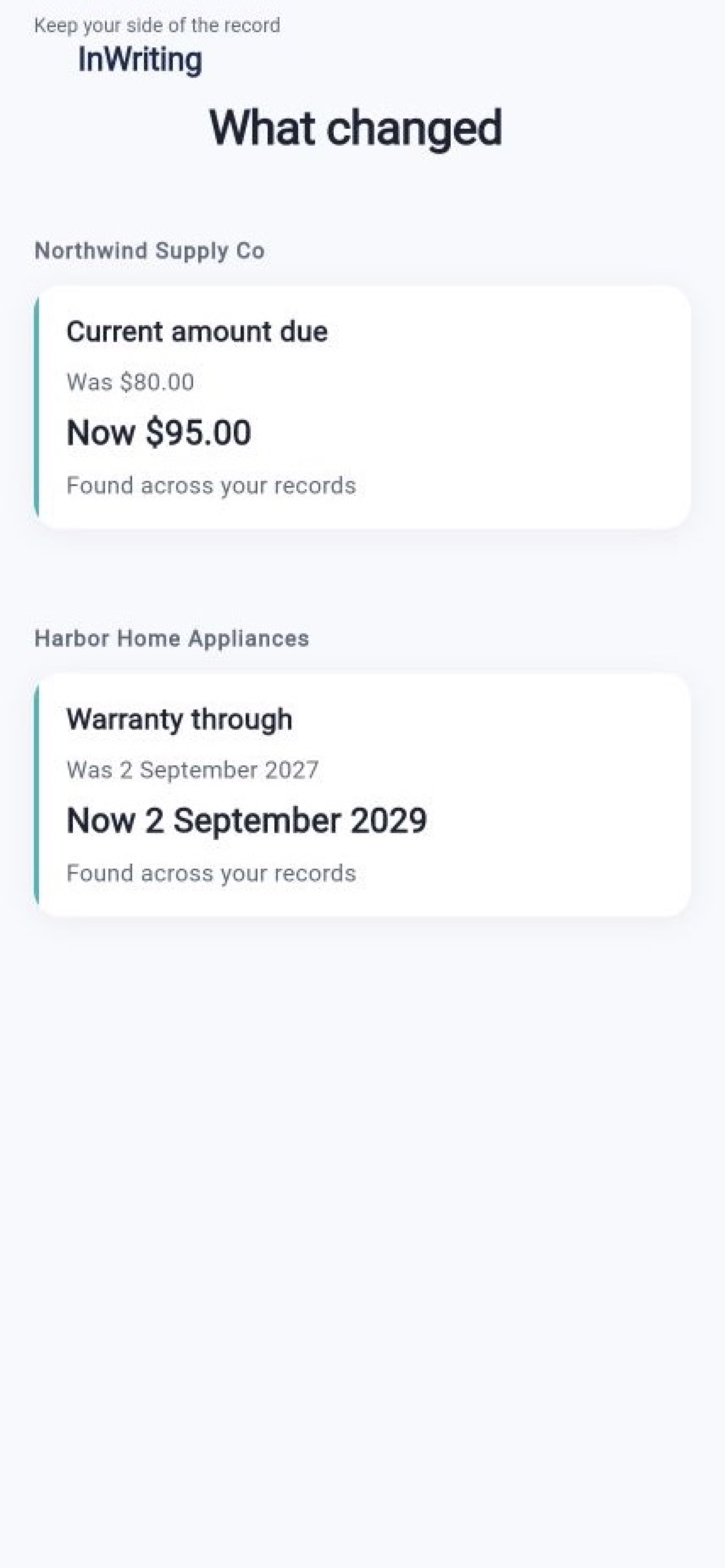 InWriting’s What changed screen: a sample bill amount was $80 and is now $95; a sample warranty date has also changed.
